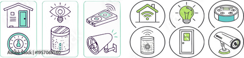 A set of smart home icons including security cameras, lights, and thermostats in a modern flat design style