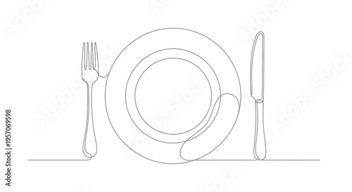 Continuous Line Drawing of a Dinner Plate with Fork and Knife Table Setting