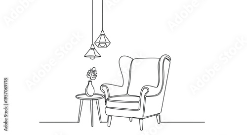 Modern Interior Living Room Scene with Armchair and Decor Line Art