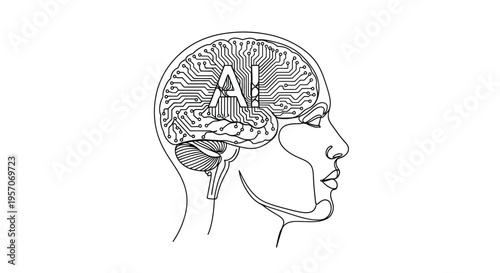 AI Brain and Human Profile Circuitry Concept Line Art Design