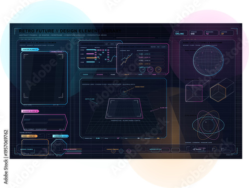 This retro-futuristic design library includes cyberpunk HUD elements
