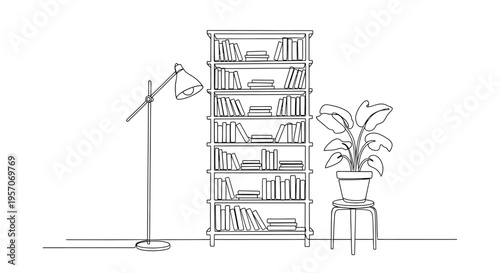 Minimalist Line Drawing of a Bookshelf with Lamp and Potted Plant