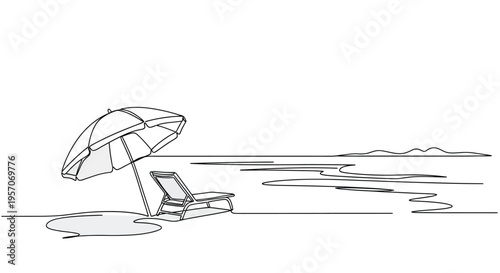 Minimalist One Line Drawing of a Beach Chair and Parasol by the Sea