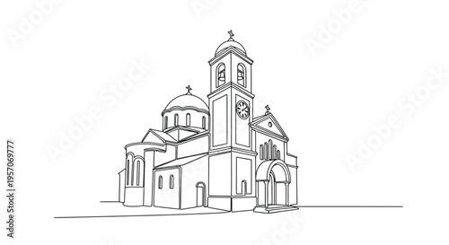 Continuous Line Drawing of a Majestic Orthodox Church with Domes