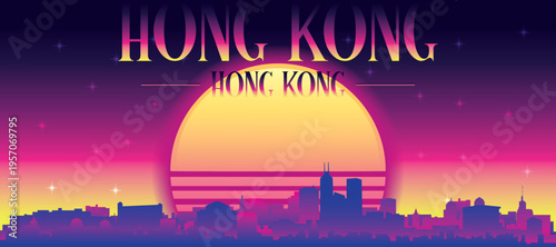 Purple generic retro futuristic synthwave panoramic poster of the city skyline with misty background sunset buildings of HONG KONG, CHINA
