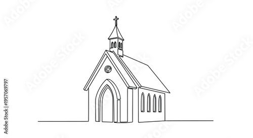Minimalist One Line Art Drawing of a Small Christian Chapel