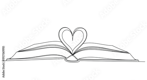 One line drawing of an open book with pages forming a heart shape for love of reading