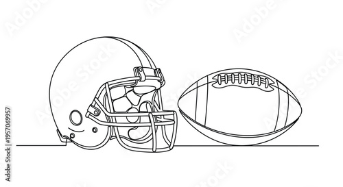 American football helmet and ball in continuous one line drawing for sports concept