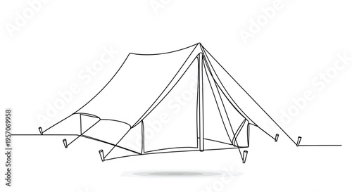 Minimalist continuous one line drawing of a camping tent for outdoor adventure