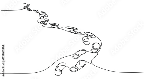 Human footprints path in continuous one line drawing for journey and progress concept