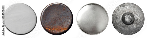 Collection of Four Diverse Circular Metal Textures: Brushed, Rusted, Polished, and Hammered Finishes on Isolated Metallic Objects