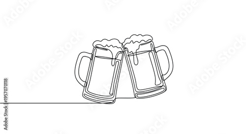 Continuous One Line Drawing of Two Beer Mugs Clinking in a Toast