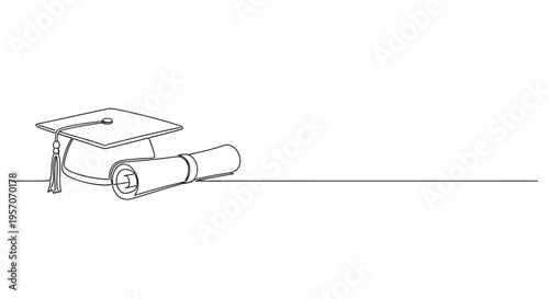 Continuous line drawing of graduation cap and diploma scroll