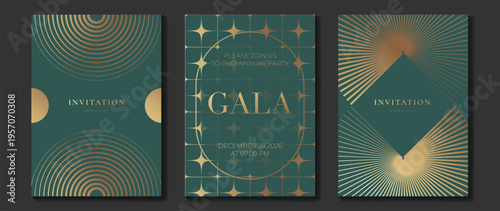 Luxury gala invitation vector template set with gold geometric line art, teal background, and elegant art deco compositions. Premium celebration design collection for wedding, annual party, event.