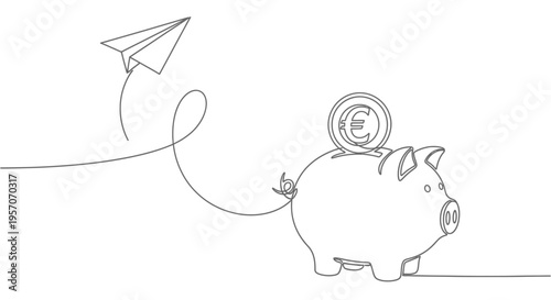 Continuous line drawing of a piggy bank with euro coin and flying paper plane