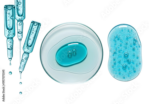 Skincare serum ampoules and petri dish with blue liquid gel and bubbles