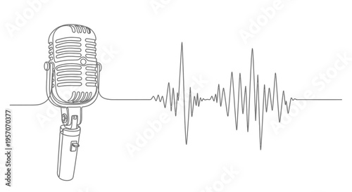 Continuous line drawing of a retro microphone with audio sound waves signal