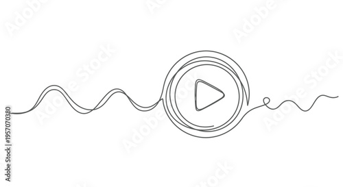 One line drawing of a video play button icon with dynamic wavy line background