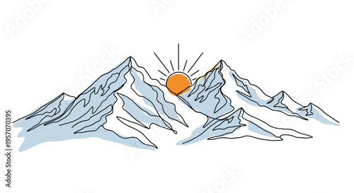 One line mountain landscape drawing with sun and color accents