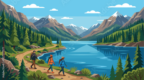Three diverse friends backpack along a winding dirt path beside a vast blue lake, with snow-capped mountains and pine forests in the background, evoking adventure and nature.