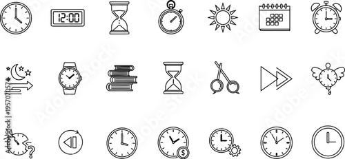 A collection of various clock and time related icons and symbols
