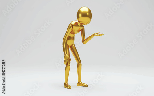 Gold robot figure bending over with one hand on knee and other hand outstretched  questioning gesture