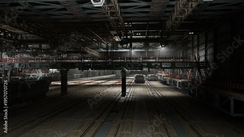 Dim industrial chamber with scattered light pooling over tracks, textured metal flooring, overhead conduits and distant platforms, eerie quiet suggesting