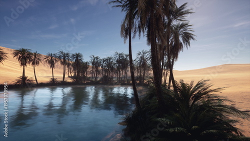 Photography oasis in desert near palms at dusk, moody blue water and dramatic shadows, survi