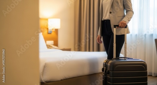 Business woman with suitcase arriving at hotel room. Traveler standing in bedroom near bed. Business travel, hospitality service, tourism, check-in, and professional trip lifestyle concept.