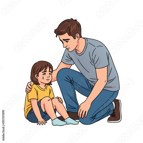 Father comforting young girl while kneeling on the floor indoors  