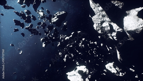 Scattered asteroid field with distant galaxy backdrop, calm composition of floating rocks and reflective ice captured by observatory relay, precise imaging