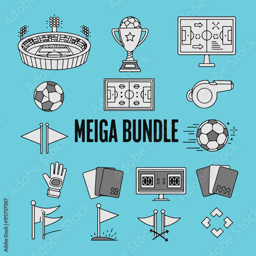 Soccer football icons bundle including stadium, trophy, and referee whistle isolated on transparent background