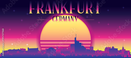 Purple generic retro futuristic synthwave panoramic poster of the city skyline with misty background sunset buildings of FRANKFURT, GERMANY