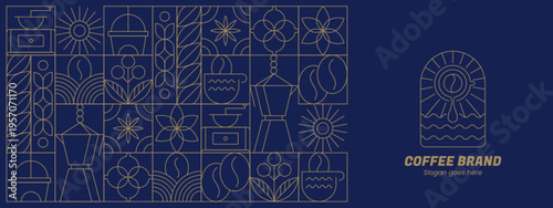 Abstract geometric coffee pattern in minimalist style. Vector seamless blue background with hand drawn line art beans, drink cups, hot teapot, plant leaves, bauhaus outline elements for cafe menu