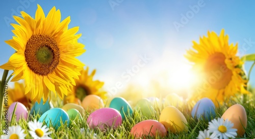 Easter egg and sunflower on sunny day with blue sky