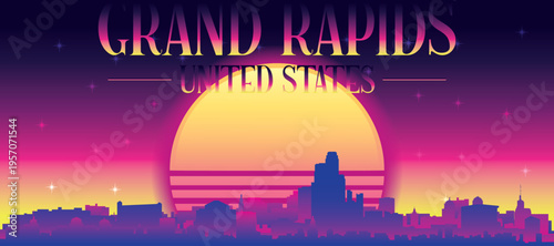 Purple generic retro futuristic synthwave panoramic poster of the city skyline with misty background sunset buildings of GRAND RAPIDS, UNITED STATES