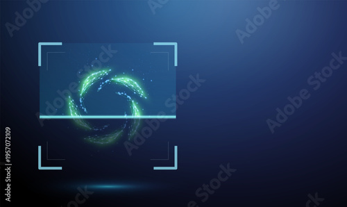 3d green leaves in a circle inside digital scanning frame. Environmental monitoring, sustainability analysis, green technology inspection, renewable resource tracking concept.