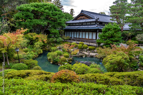Traditional Japanese Landscape of Yoshikien Garden in Nara During Early Autumn