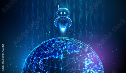 3d cute robot flying upward from Earth within vertical stream of data points. AI-driven global analytics, planetary data processing, intelligent system deployment concept.