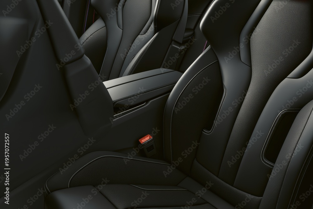 Obraz premium Luxurious car interior with black leather seats and armrest detail 