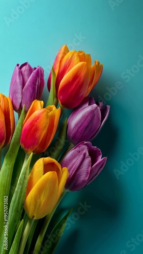 Colorful Tulips Bouquet on Luxury White Marble Background