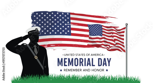 A silhouette of a soldier saluting in front of a waving American flag on Memorial Day with a grassy field and patriotic text in the background.