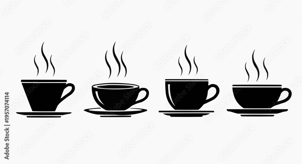 Fototapeta premium Minimalist Coffee Cup Icons Set, Black Silhouette Steaming Tea Mugs with Saucers, Flat Vector Illustration Isolated on White Background