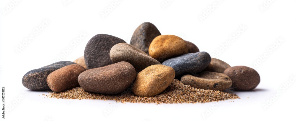 Obraz premium Brown pebbles and fine sand on white background ideal for gardening and construction.