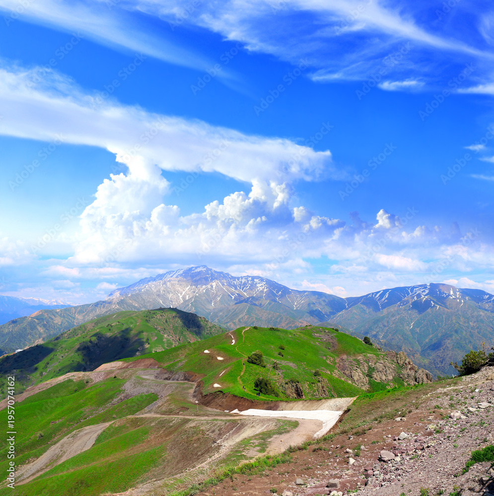 Naklejka premium Aerial view of picturesque scenery in Western Tien Shan Mountains, Uzbekistan. A bird's-eye view of the enchanting mountain landscape. Vertical photo - landscape of Chimgan mountains, Tashkent region