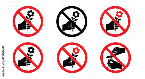 Graphic illustration of six prohibition signs featuring various industrial actions on a white background with a flat lay composition.
