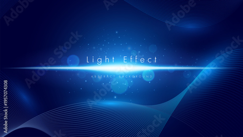 Abstract blue background with glowing light effect, sparkling particles, and wavy lines.