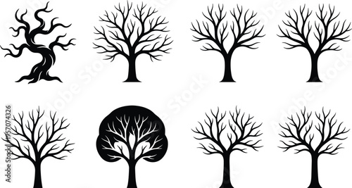 Set of black tree silhouettes featuring bare winter branches, spooky gnarly trunks, and detailed leafless forest elements, isolated on white background.