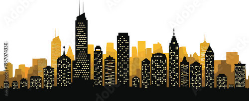 Illuminated city skyline silhouette with skyscrapers glowing golden background urban architecture vibrant nightlife modern metropolis illustration concept flat vector