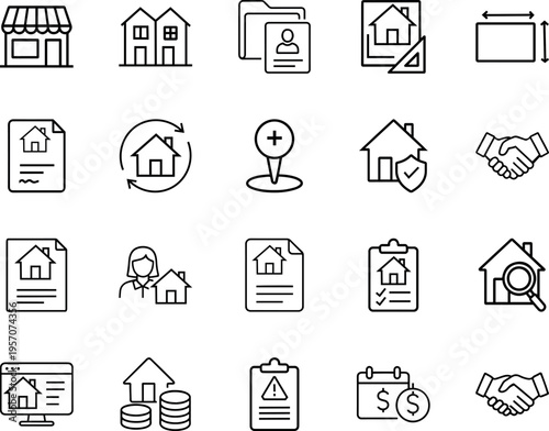 Real estate property housing line vector icon set house document handshake money map pin